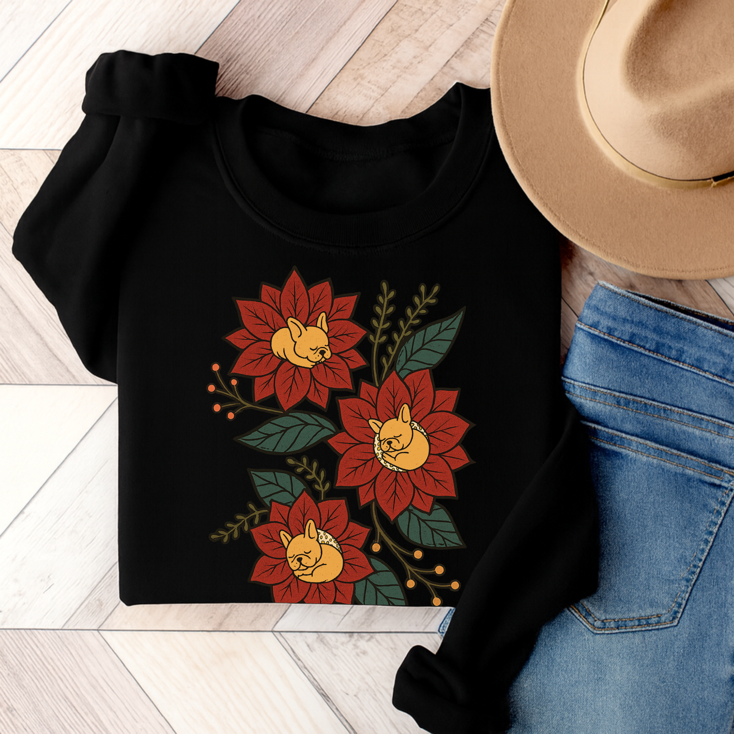 Fawn Frenchie Christmas Flower Sweatshirt Black