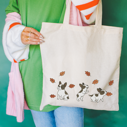 Piebald Frenchie Chasing Leaves Tote Bag Natural 15" x 16"