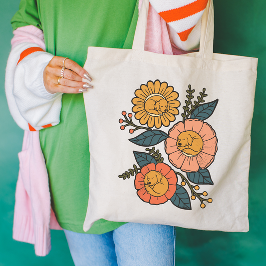Golden Retriever Sleeping Flowers Tote Bag Natural 15" x 16"