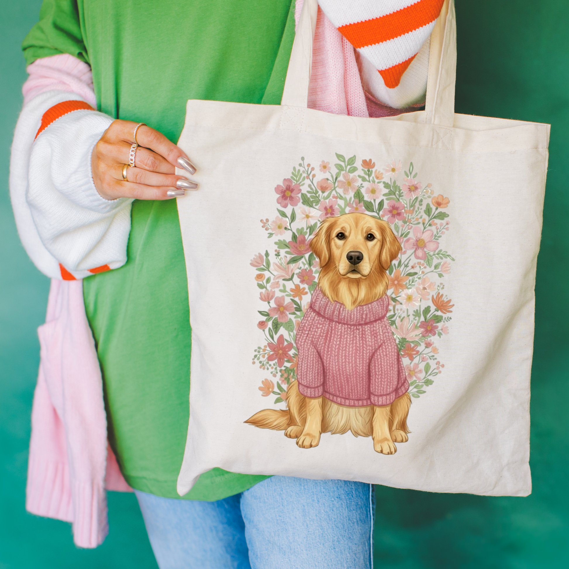 Golden Retriever Bouquet Tote Bag Natural 15" x 16"