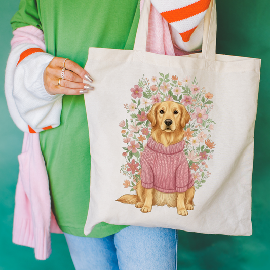 Golden Retriever Bouquet Tote Bag Natural 15" x 16"