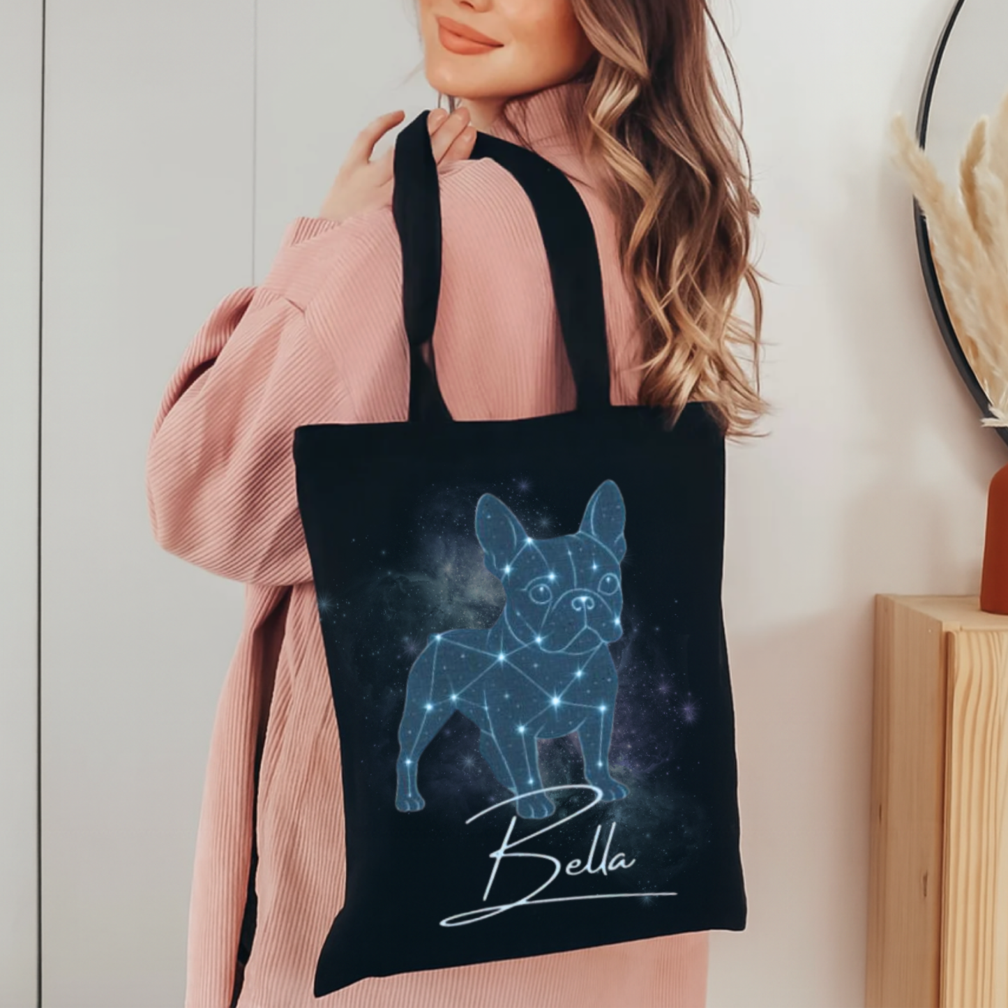 Custom Frenchie Constellation Tote Bag Black 15" x 16"