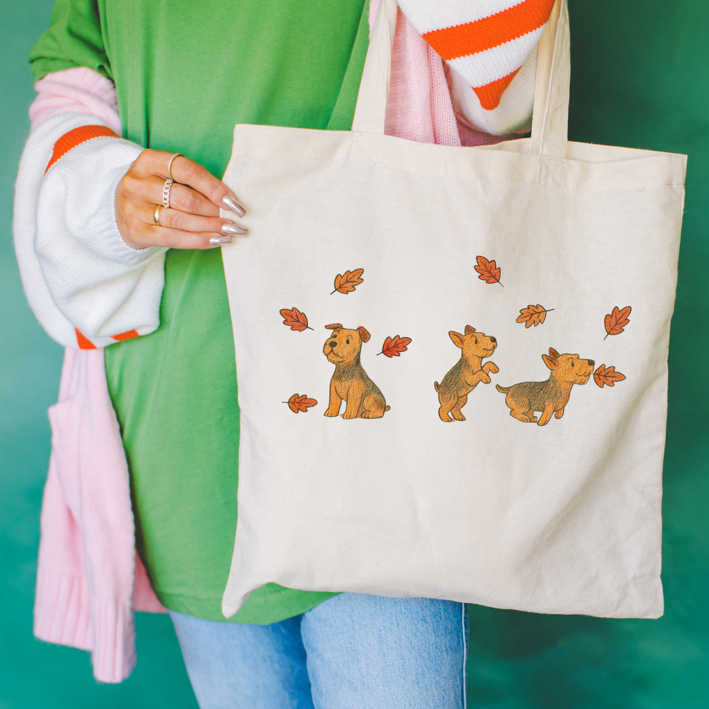 Airedale Terrier Chasing Leaves Tote Bag Natural 15" x 16"