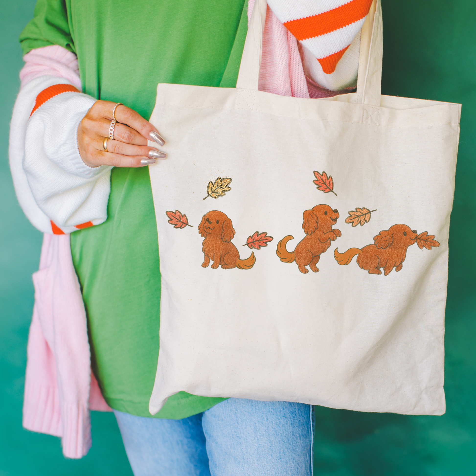 Ruby Cavalier Chasing Leaves Tote Bag Natural 15" x 16"