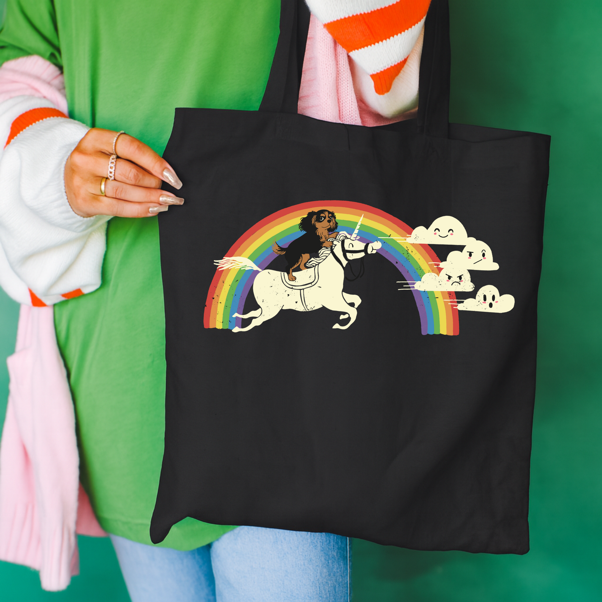 Rainbow Unicorn Black Tan Cavalier Tote Bag Black 15" x 16"