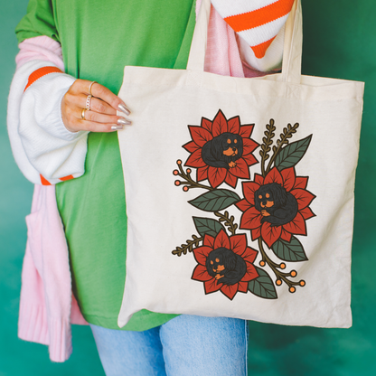 Black Tan Cavalier Holiday Flower Sleeping Tote Bag Natural 15" x 16"