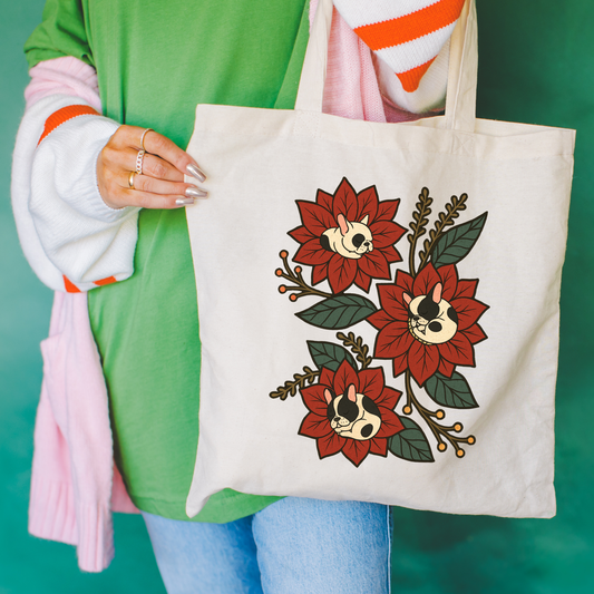 Piebald Frenchie Holiday Flower Sleeping Tote Bag Natural 15" x 16"