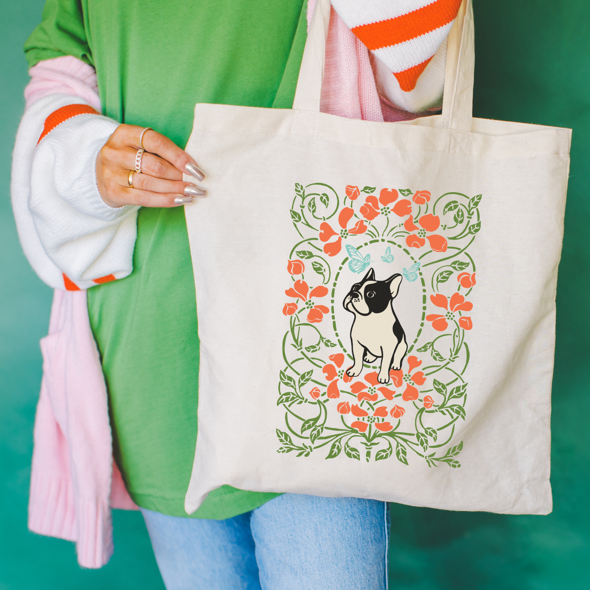 Piebald Frenchie Butterfly Frame Tote Bag Natural 15" x 16"