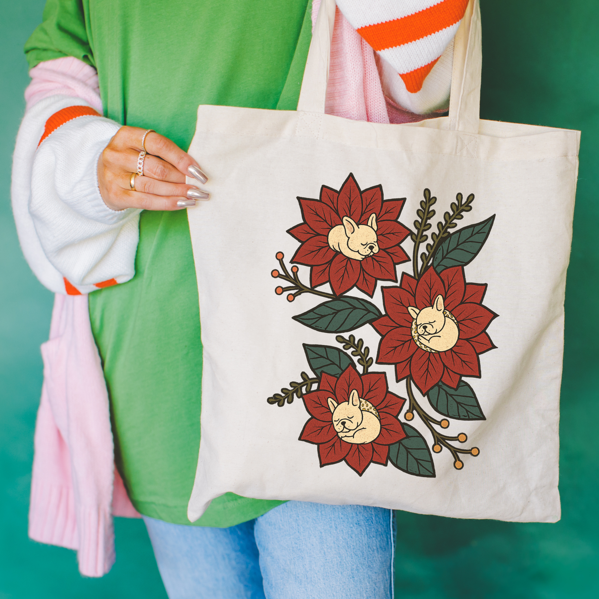 White Frenchie Holiday Flower Sleeping Tote Bag Natural 15" x 16"