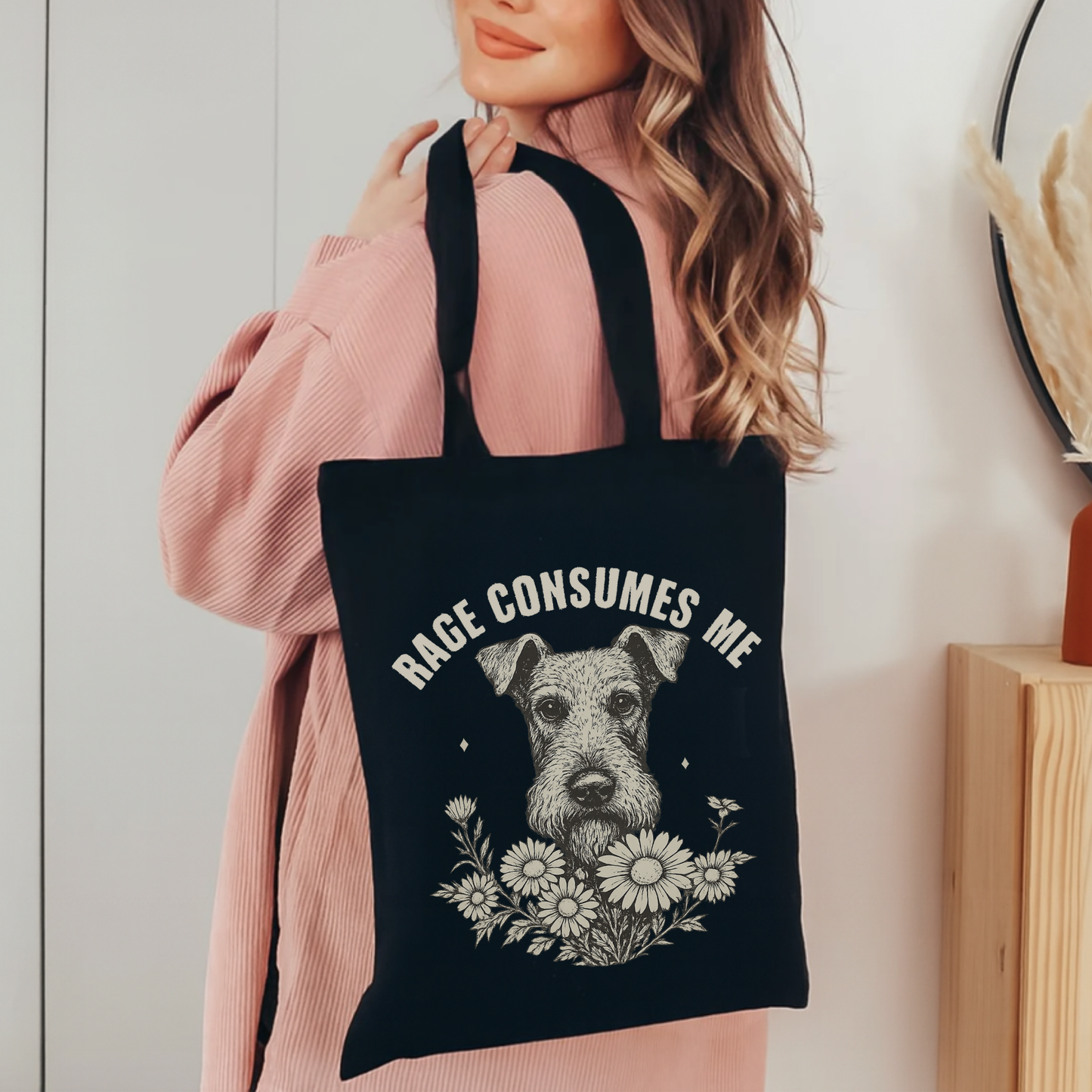 Airedale Terrier Rage Tote Bag Black 15" x 16"