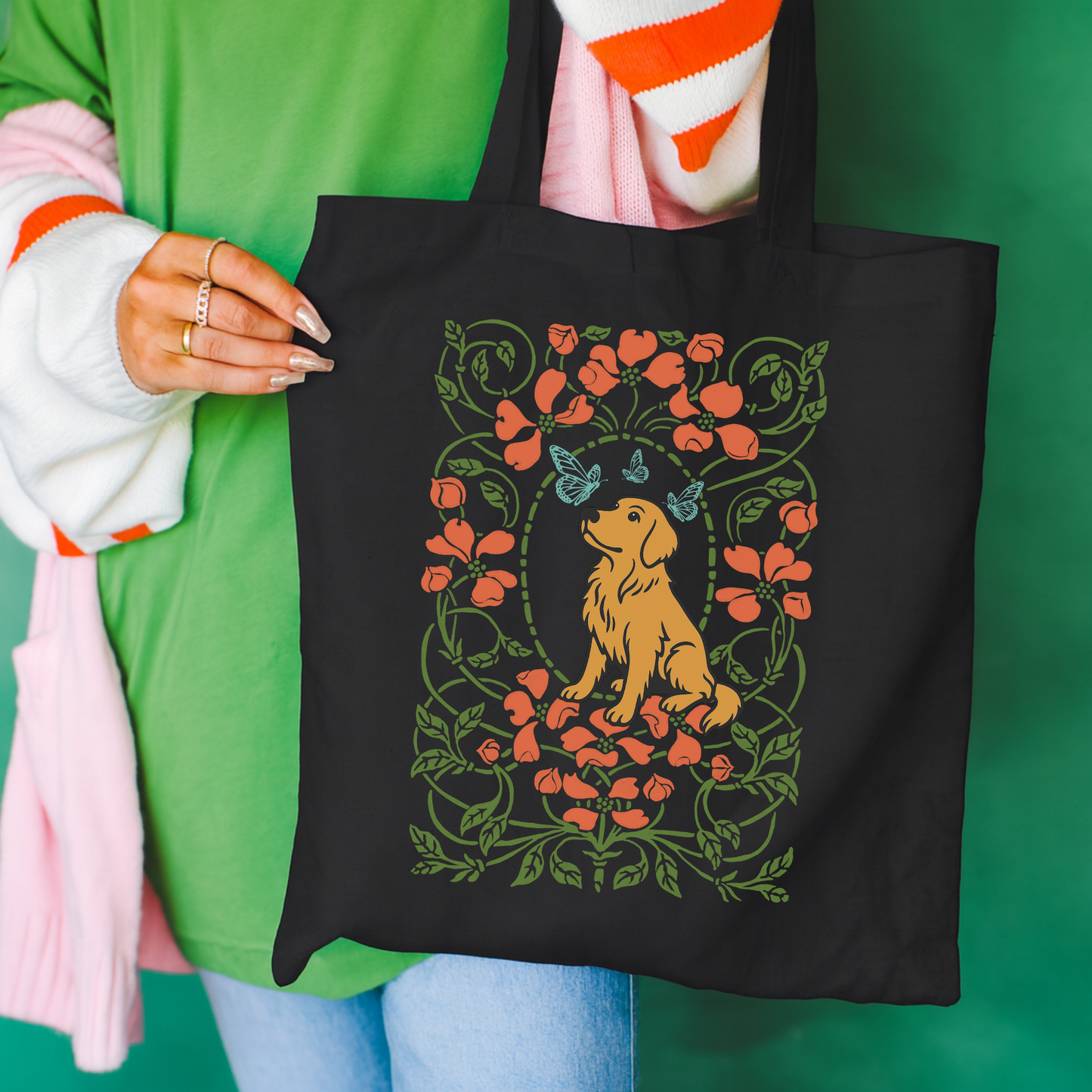 Golden Retriever Butterfly Frame Tote Bag Black 15" x 16"