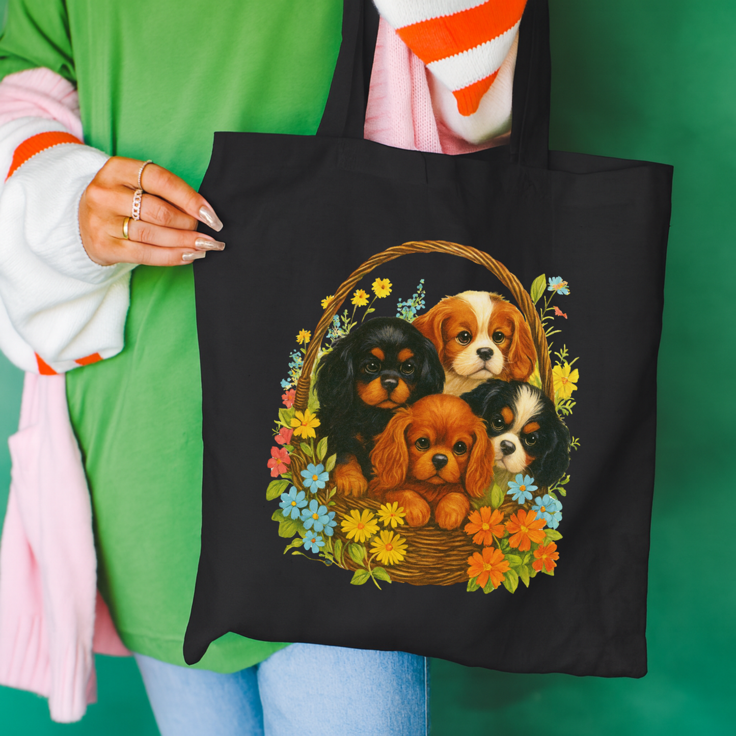 Cavalier Puppy Basket Tote Bag