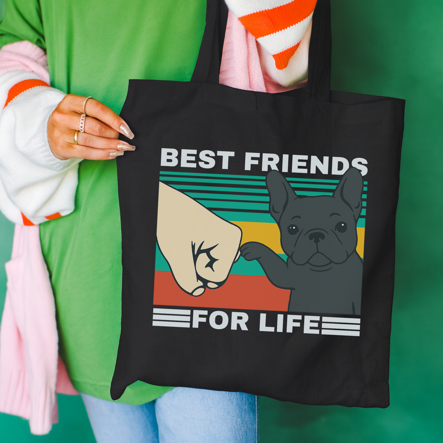 Black Frenchie Besties Tote Bag Black 15" x 16"