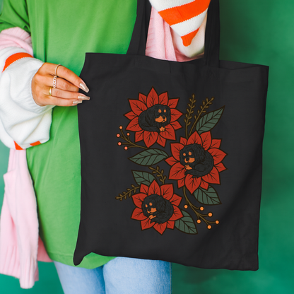 Black Tan Cavalier Holiday Flower Sleeping Tote Bag Black 15" x 16"