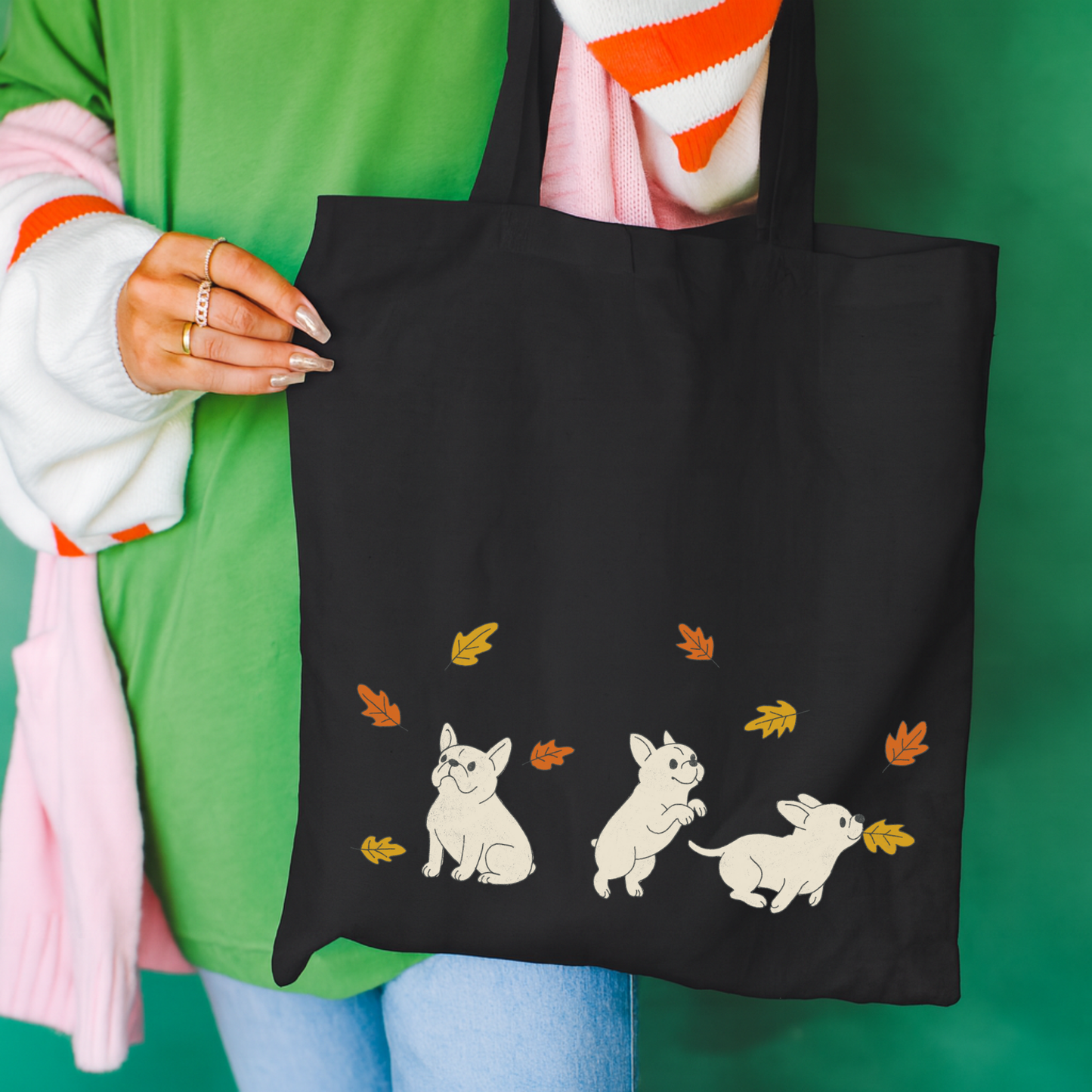 White Frenchie Chasing Leaves Tote Bag Black 15" x 16"