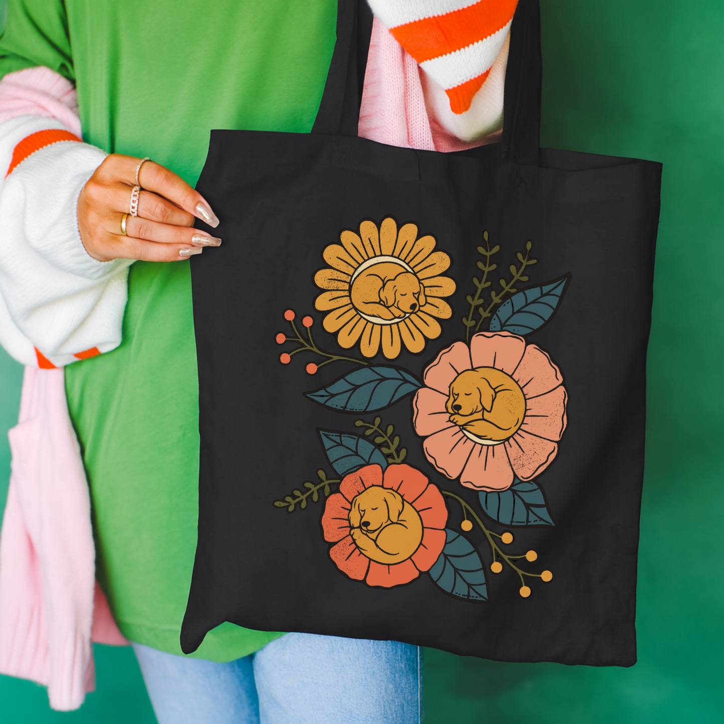 Golden Retriever Sleeping Flowers Tote Bag Black 15" x 16"