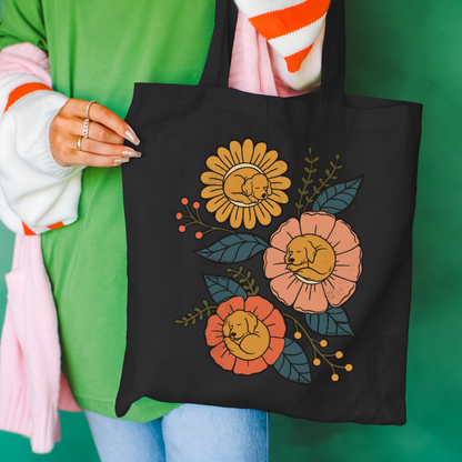 Golden Retriever Sleeping Flowers Tote Bag Black 15" x 16"