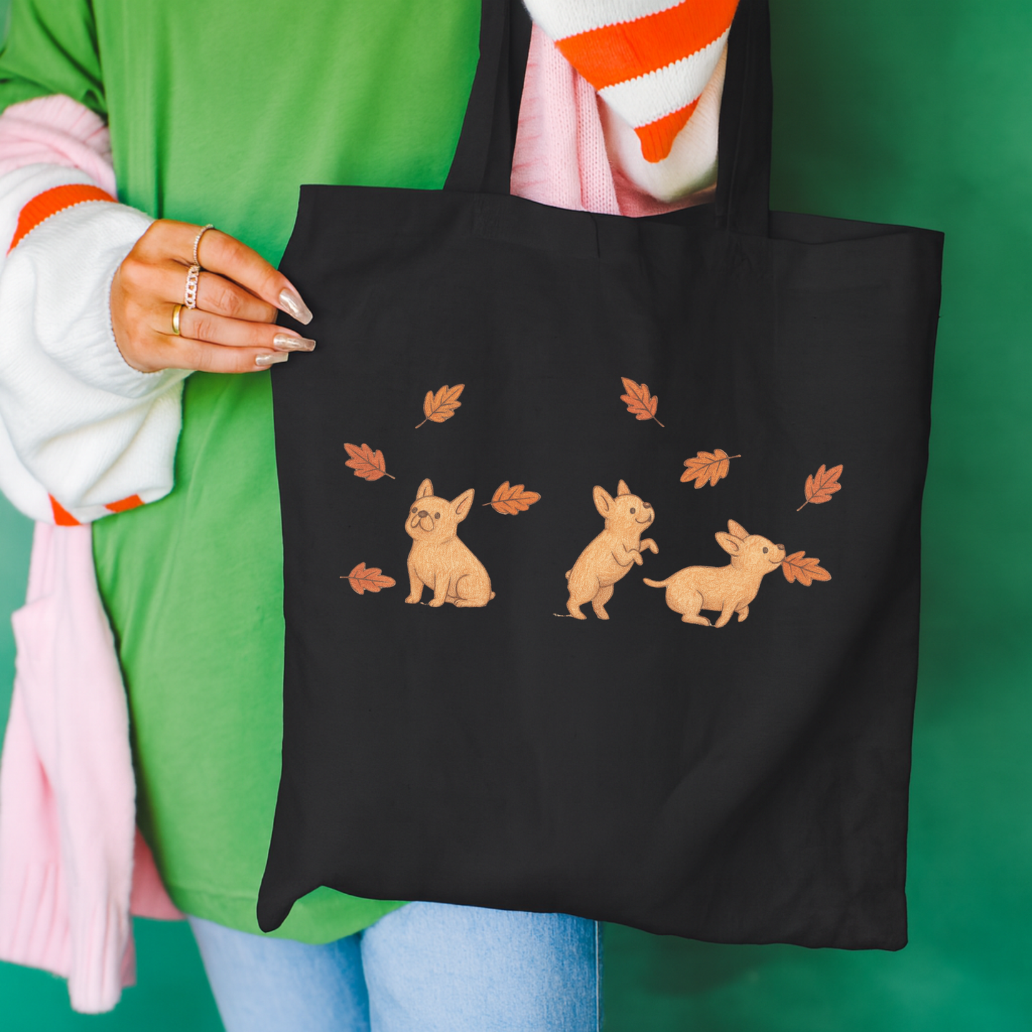 Fawn Frenchie Chasing Leaves Tote Bag Black 15" x 16"