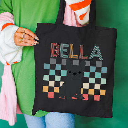Black Frenchie Checkered Tote Bag Black 15" x 16"