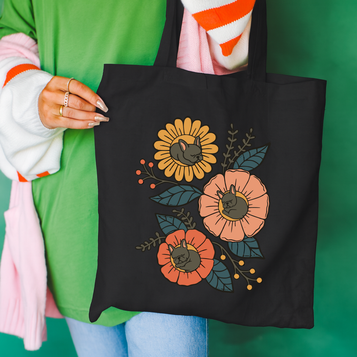 Black French Bulldog Sleeping Flowers Tote Bag Black 15" x 16"