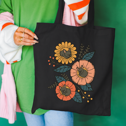 Black French Bulldog Sleeping Flowers Tote Bag Black 15" x 16"