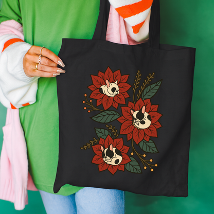 Piebald Frenchie Holiday Flower Sleeping Tote Bag Black 15" x 16"