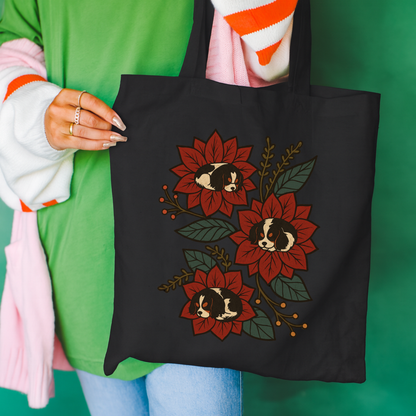 Tricolor Cavalier Holiday Flower Sleeping Tote Bag Black 15" x 16"