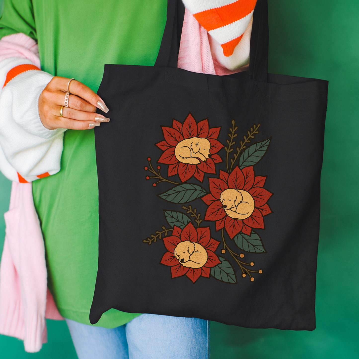 Golden Retriever Holiday Flower Sleeping Tote Bag Black 15" x 16"