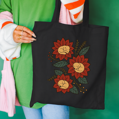 Golden Retriever Holiday Flower Sleeping Tote Bag Black 15" x 16"