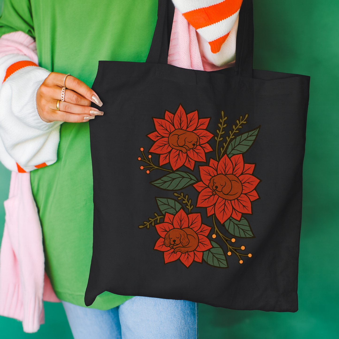 Ruby Cavalier Holiday Flower Sleeping Tote Bag Black 15" x 16"
