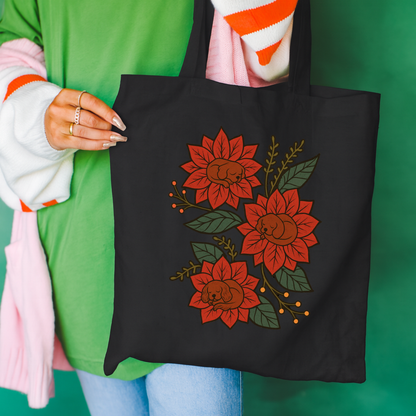 Ruby Cavalier Holiday Flower Sleeping Tote Bag Black 15" x 16"