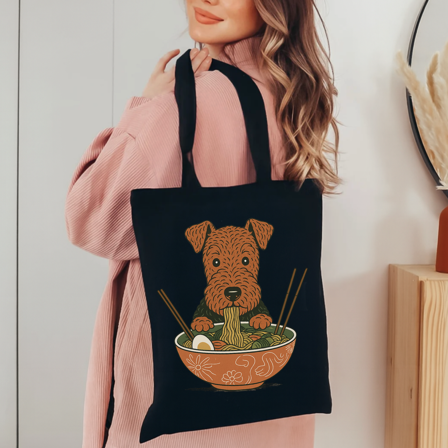 Airedale Terrier Ramen Tote Bag Black 15" x 16"