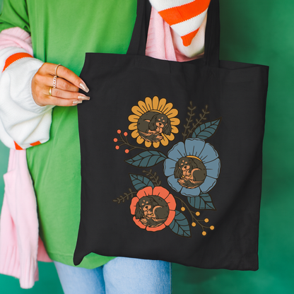 Black and Tan Cavalier Sleeping Flowers Tote Bag Black 15" x 16"