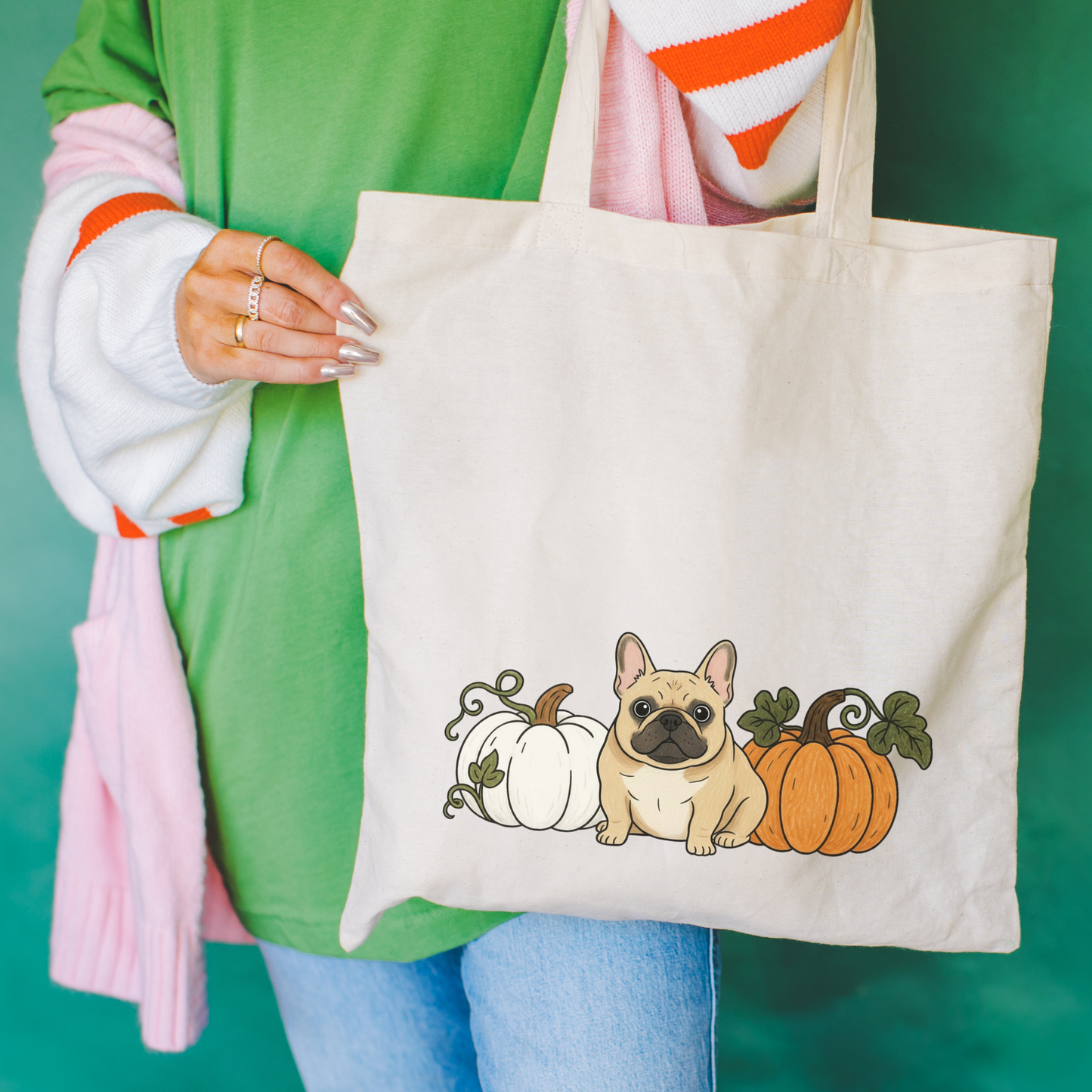 Fawn Frenchie Pupkin Tote Bag Natural 15" x 16"