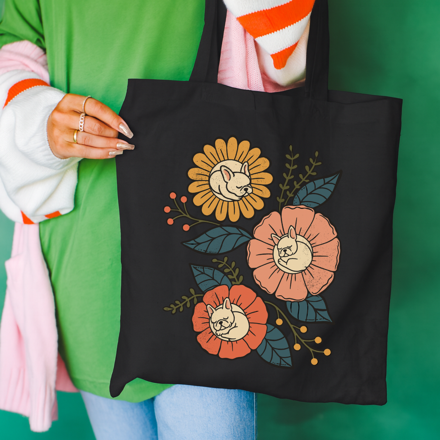 White Frenchie Sleeping Flowers Tote Bag Black 15" x 16"