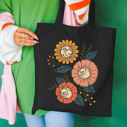 White Frenchie Sleeping Flowers Tote Bag Black 15" x 16"