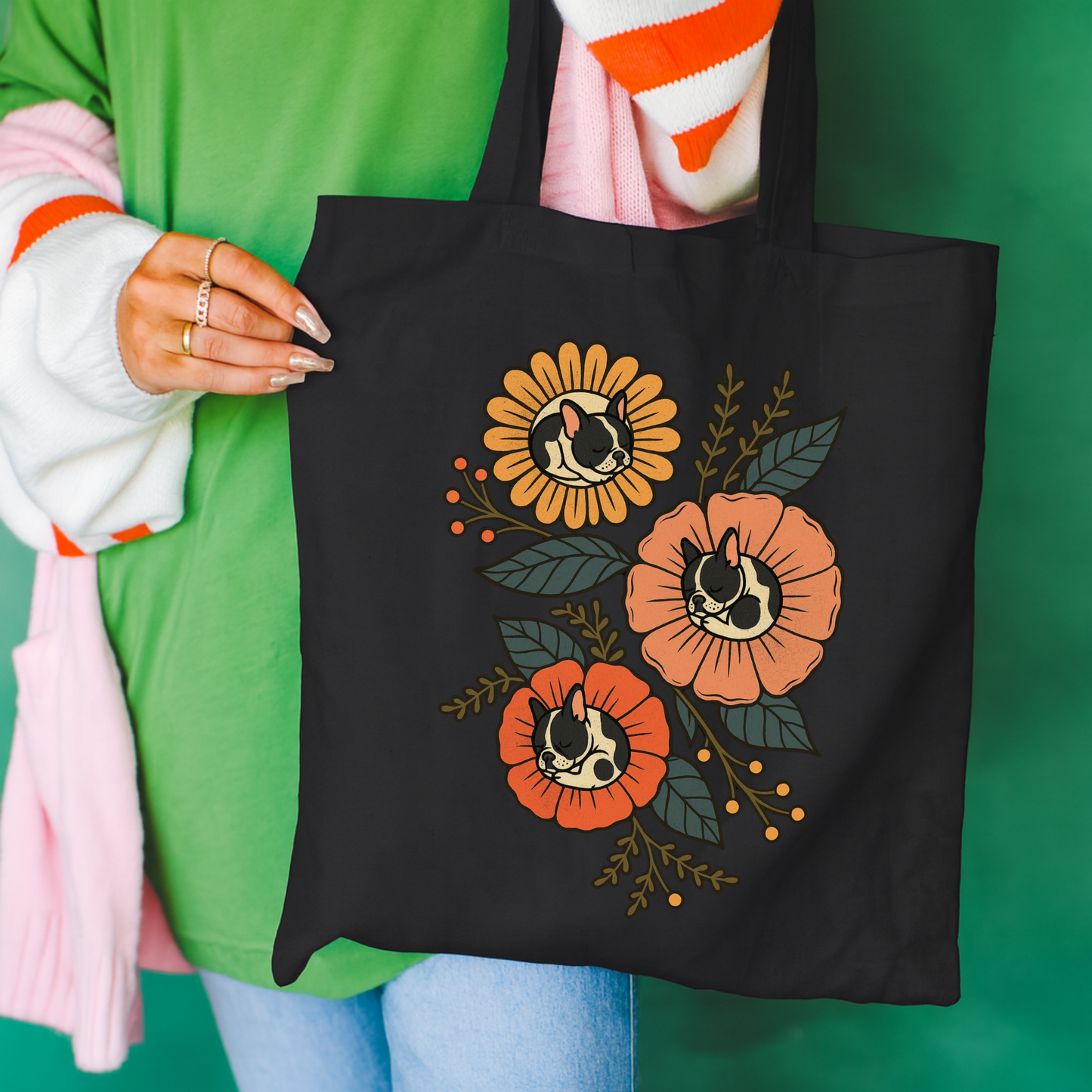 Piebald Frenchie Sleeping Flowers Tote Bag Black 15" x 16"