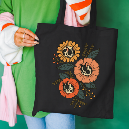 Piebald Frenchie Sleeping Flowers Tote Bag Black 15" x 16"