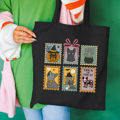 Black Frenchie Halloween Stamps Tote Bag Black 15" x 16"