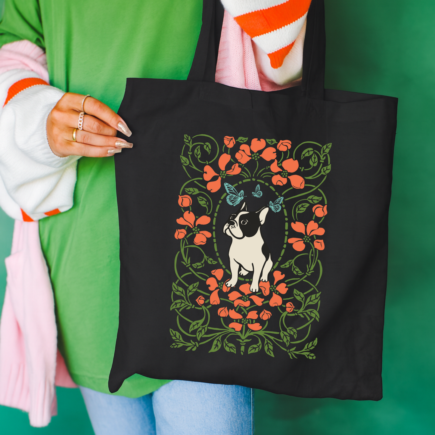 Piebald Frenchie Butterfly Frame Tote Bag Black 15" x 16"