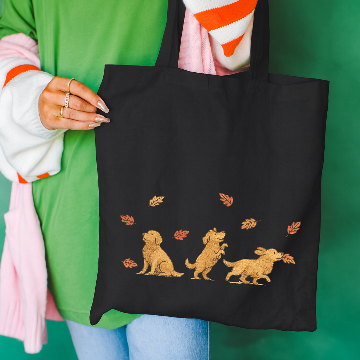 Golden Retriever Chasing Leaves Tote Bag Black 15" x 16"