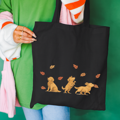 Golden Retriever Chasing Leaves Tote Bag Black 15" x 16"