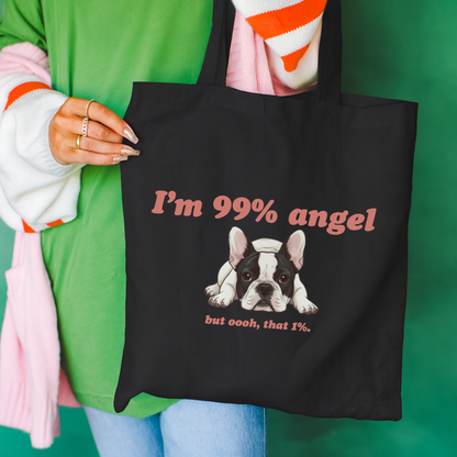 Piebald Frenchie Angel 1% Tote Bag Black 15" x 16"