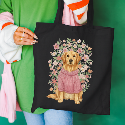 Golden Retriever Bouquet Tote Bag Black 15" x 16"