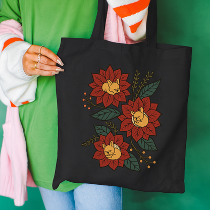 Fawn Frenchie Holiday Flower Sleeping Tote Bag Black 15" x 16"