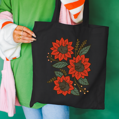 Black Frenchie Holiday Flower Sleeping Tote Bag Black 15" x 16"