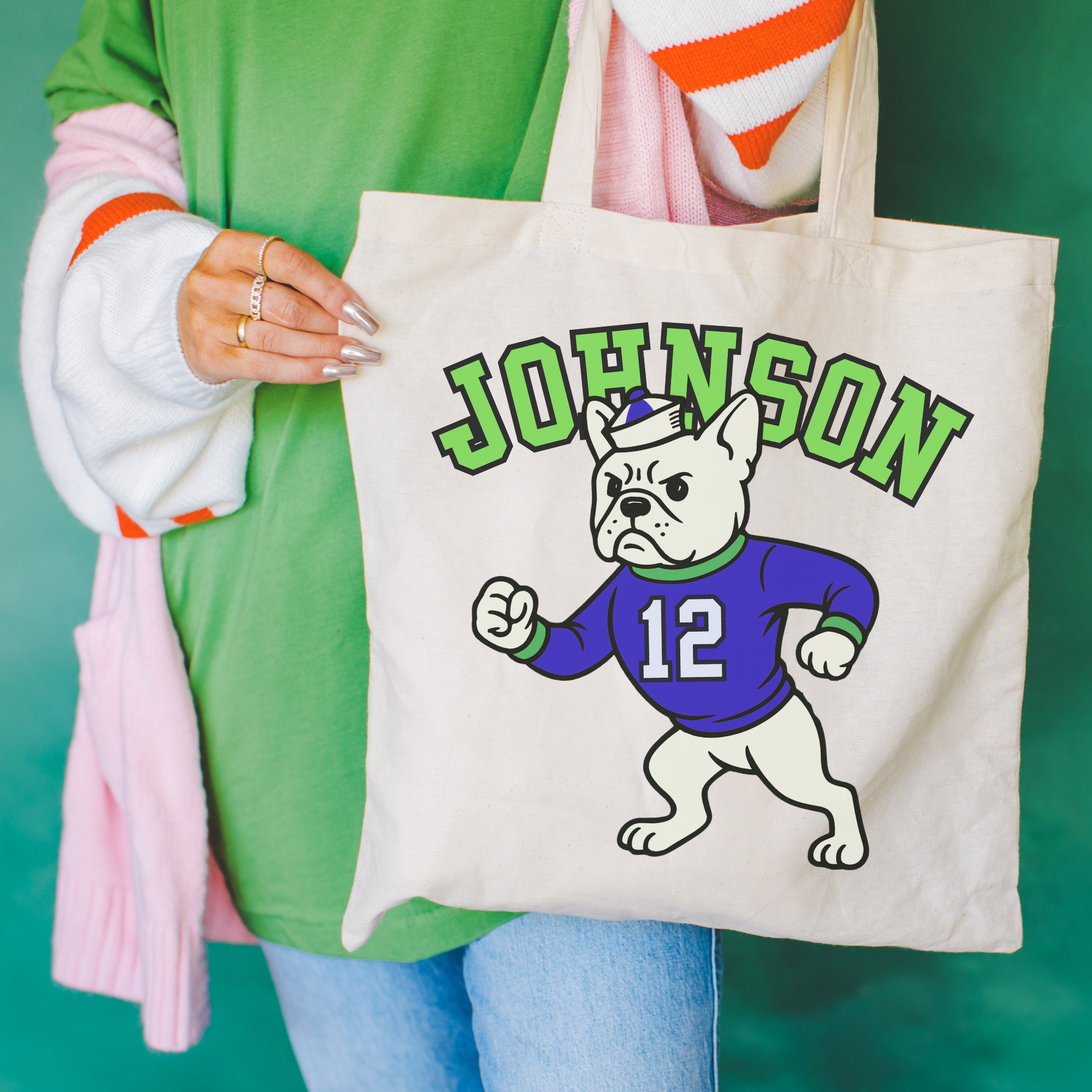 White Frenchie College Mascot Tote Bag Natural 15" x 16"