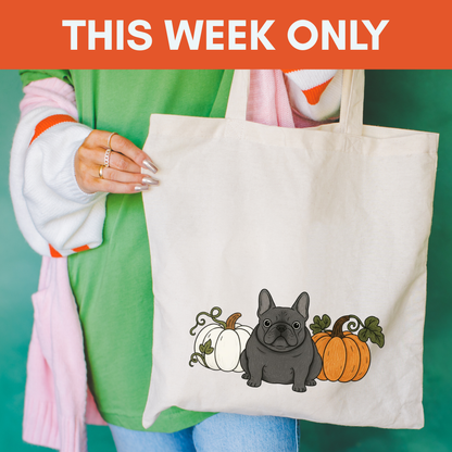 Black Frenchie Pupkin Tote Bag Natural 15" x 16"
