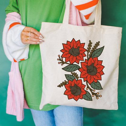 Black Frenchie Holiday Flower Sleeping Tote Bag Natural 15" x 16"