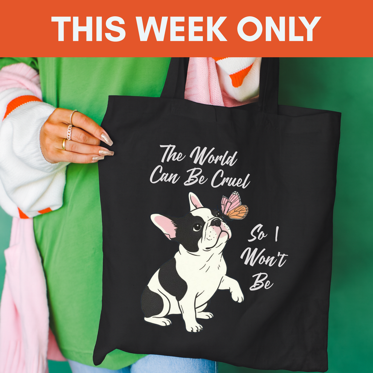 Cruel World Piebald Frenchie Tote Bag Black 15" x 16"